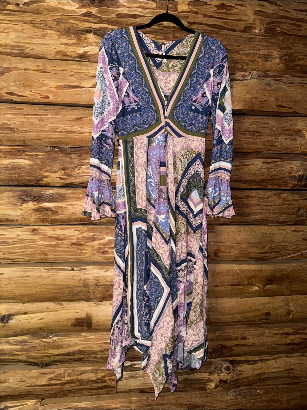 Free People Boho Patchwork V-Neck Maxi Dress in Blue & Lavender